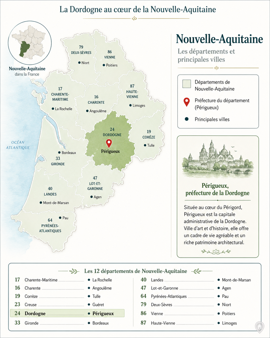 Carte de la Nouvelle-Aquitaine avec la Dordogne et Périgueux